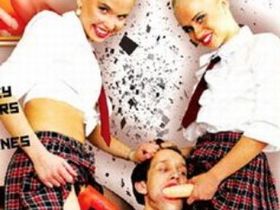 Two Russian college girls humiliate a feminized guy with strap-ons